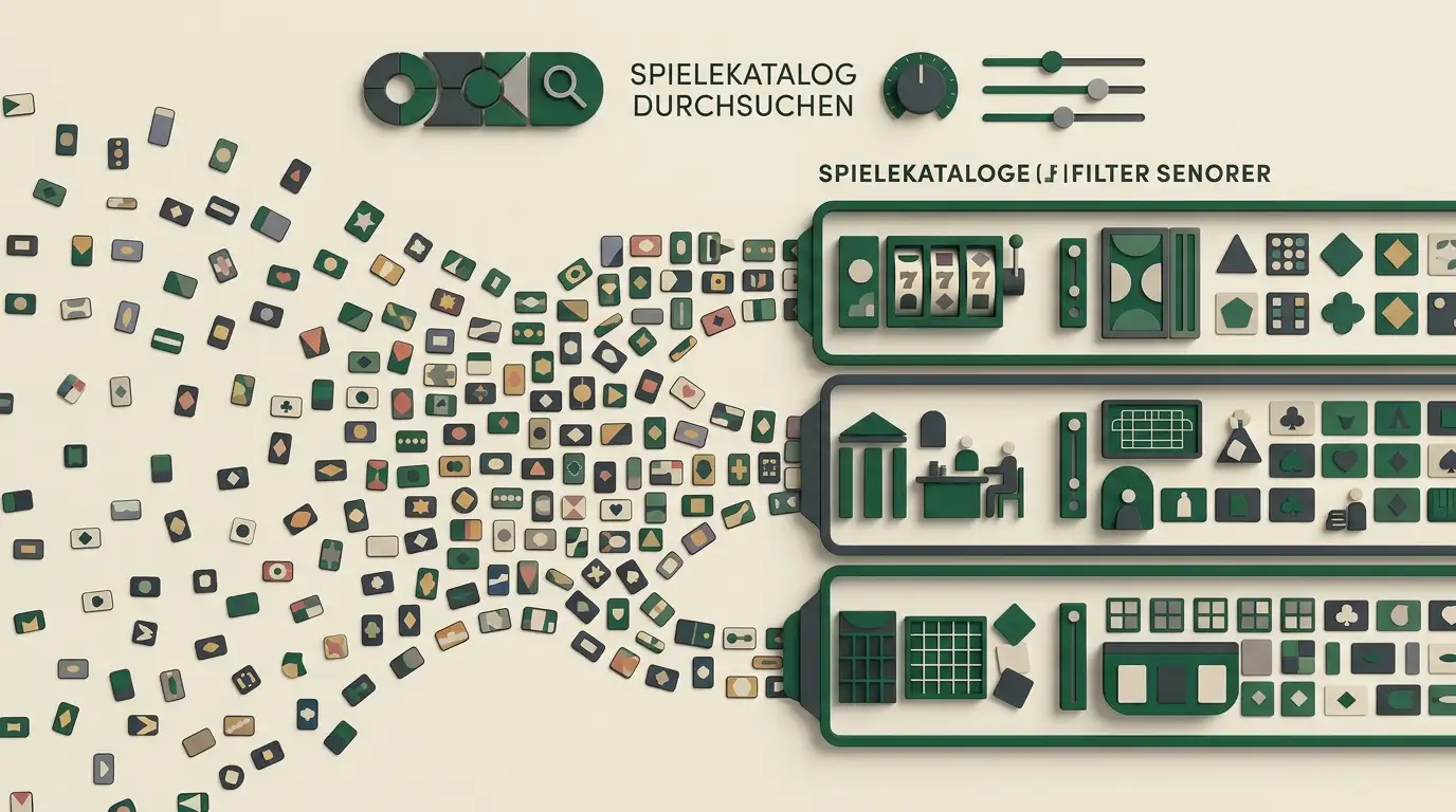 Abstrakte redaktionelle Illustration einer großen digitalen Spielbibliothek mit Karten und Kategorien