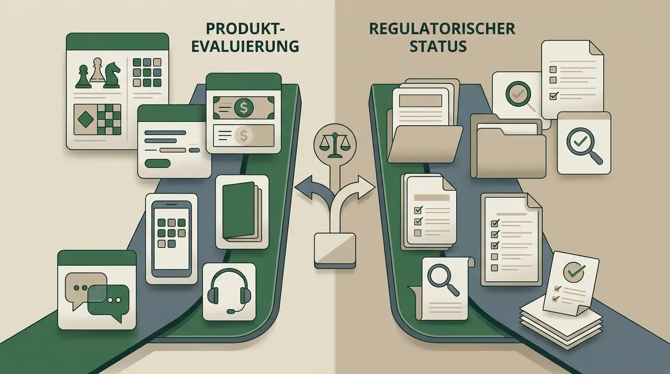 Redaktionelle Illustration mit zwei getrennten Prüfpfaden für Produktmerkmale und regulatorische Einordnung