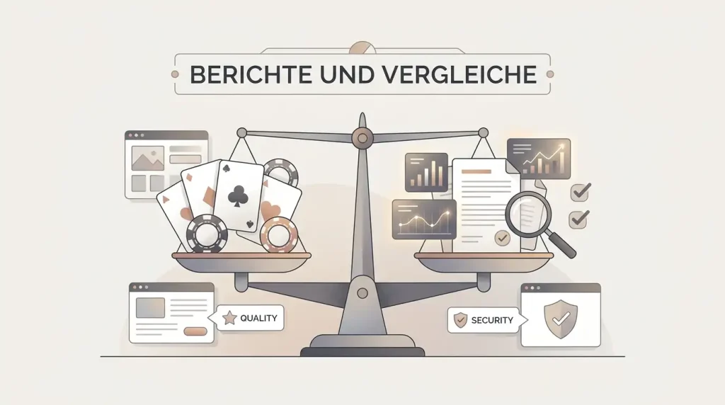 Redaktionelle Illustration einer ausgewogenen Casino-Bewertung mit positiven und kritischen Prüfpunkten