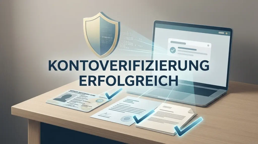 Illustration einer sicheren digitalen Kontoeröffnung mit Formular, Identitätsprüfung und Kontoschutz