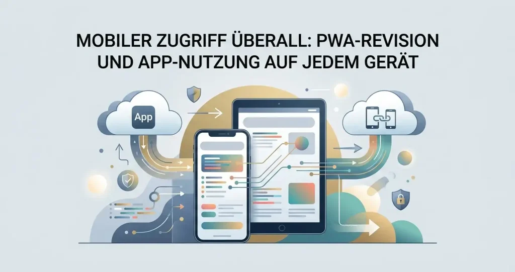 Redaktionelle Illustration eines Smartphones mit generischer installierbarer Web-App, Browser und Startbildschirm ohne Markenlogo oder echte Benutzeroberfläche