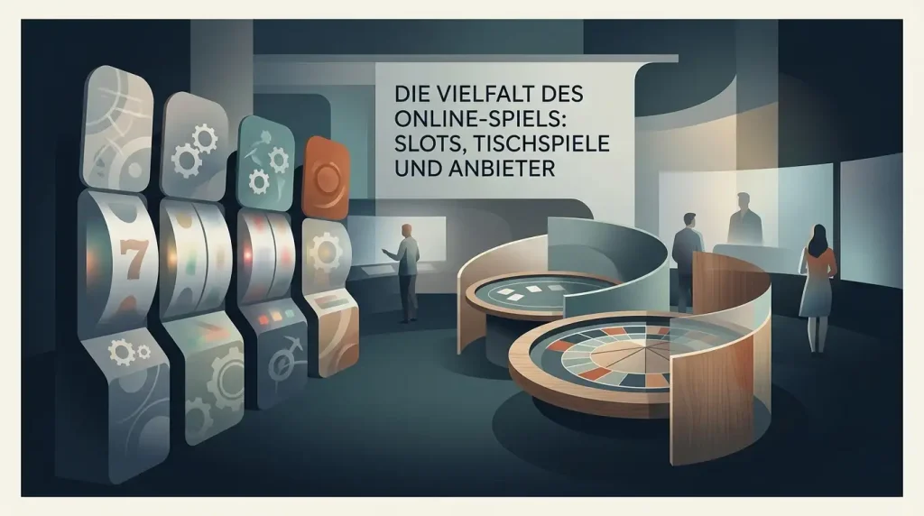 Abstrakte redaktionelle Illustration einer vielfältigen Online-Spielbibliothek mit Slots und Tischspielen