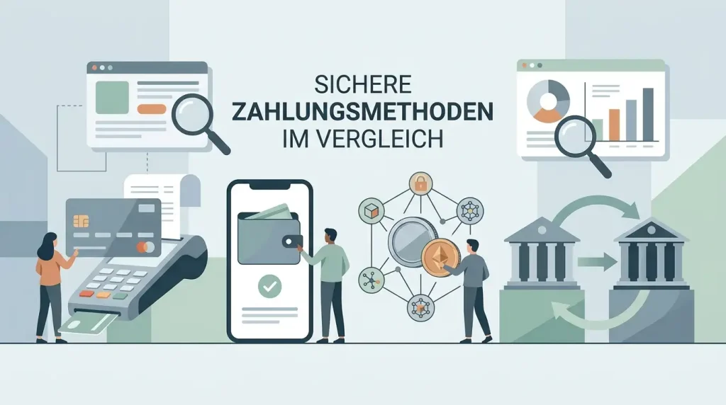 Redaktionelle Illustration verschiedener generischer Zahlungswege mit Karte, digitaler Wallet, Krypto-Symbolformen und Banktransfer ohne Markenlogos