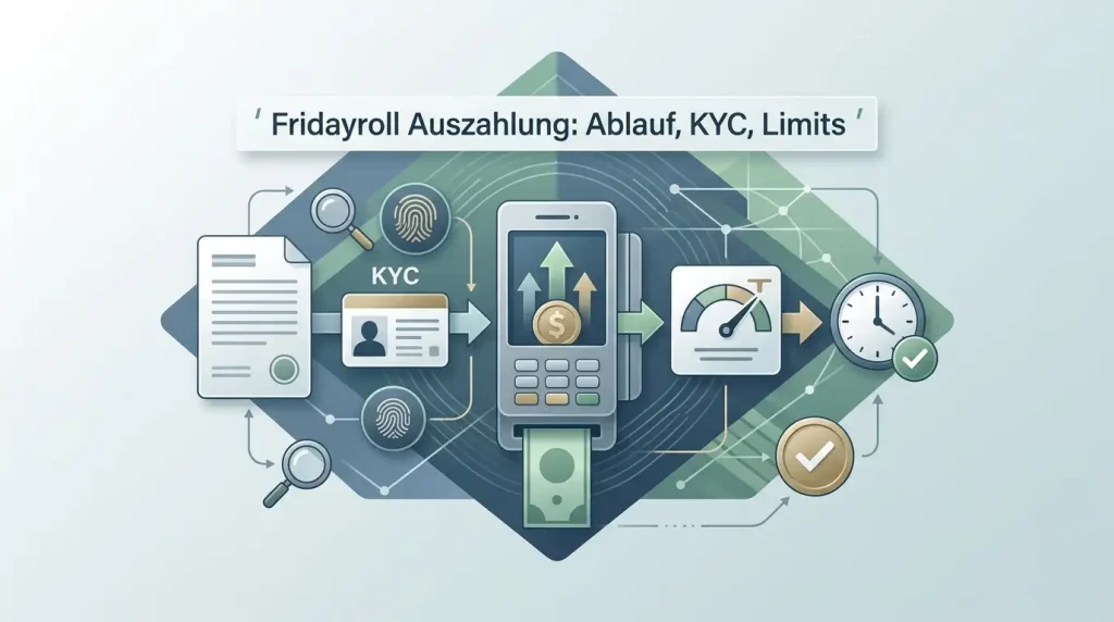 Redaktionelle Illustration eines sicheren digitalen Auszahlungsprozesses mit Identitätsprüfung, Geldtransfer und Prüfschritten ohne Markenoberfläche