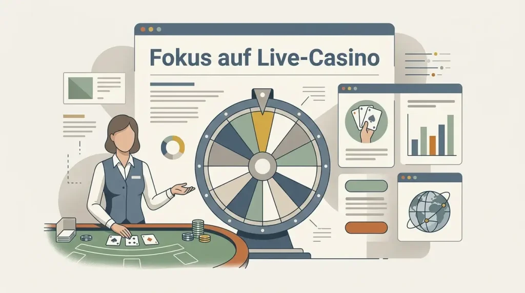 Redaktionelle Illustration eines generischen Live-Casino-Tisches mit Karten, Spielrad und Streaming-Motiv ohne Markenlogo